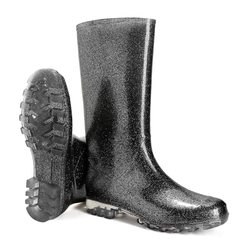 Gummistiefel Regenstiefel Damen Warm, Original Safety Wasserdichte Anti-Rutsch Atmungsaktiv Hoch Stiefel Reitstiefel, Leicht Regenschuhe Gummistiefeletten für den Außenbereich, Schwarz Glitzer, 40 EU von Jesindr