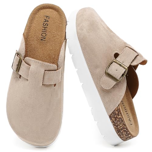 Jesindr Plateau Clogs Damen mit Verstellbarer Schnalle, Plattform Pantoletten Weich Kork Fussbett, Dicke Unterseite Hausschuhe mit Premium Fußbett Halb Geschlossen von Jesindr