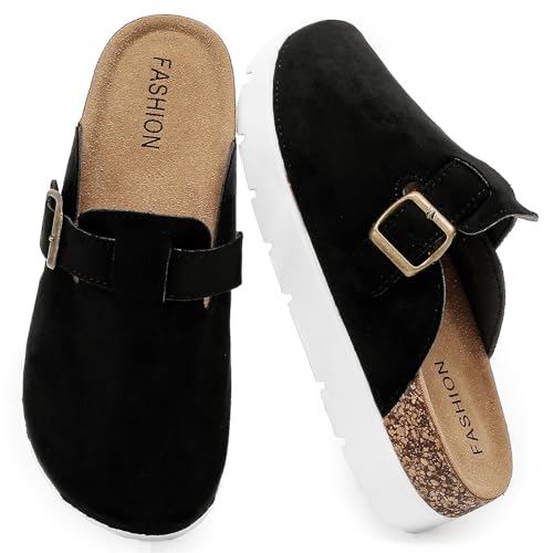 Jesindr Plateau Clogs Damen mit Verstellbarer Schnalle, Plattform Pantoletten Weich Kork Fussbett, Dicke Unterseite Hausschuhe mit Premium Fußbett Halb Geschlossen von Jesindr