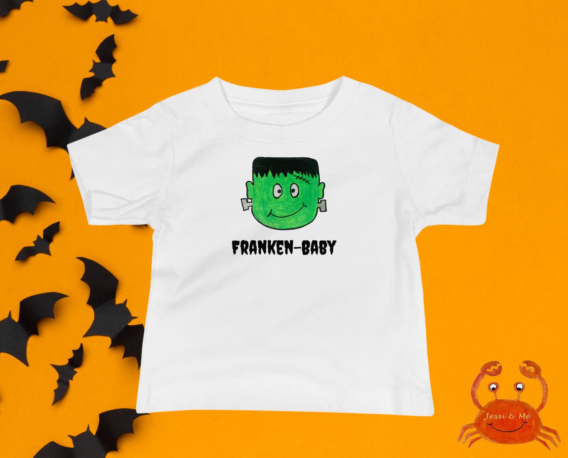 Baby Jersey Kurzärmeliges Halloween Franken-Baby T-Shirt, Süßes Lustiges T-Shirt von JessiandMe