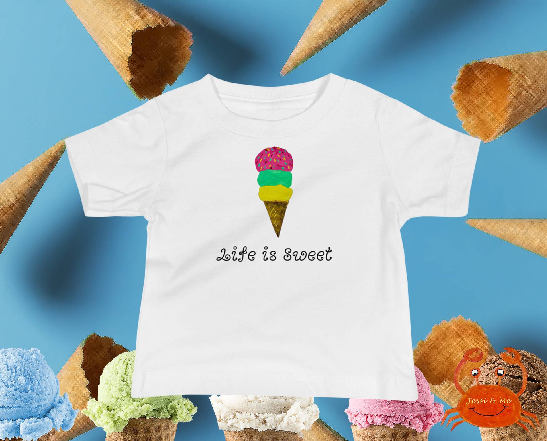 Baby Jersey Kurzärmeliges Ice Cream Cone T-Shirt, Regenbogen Eistüte Süßes Sommer T-Shirt von JessiandMe