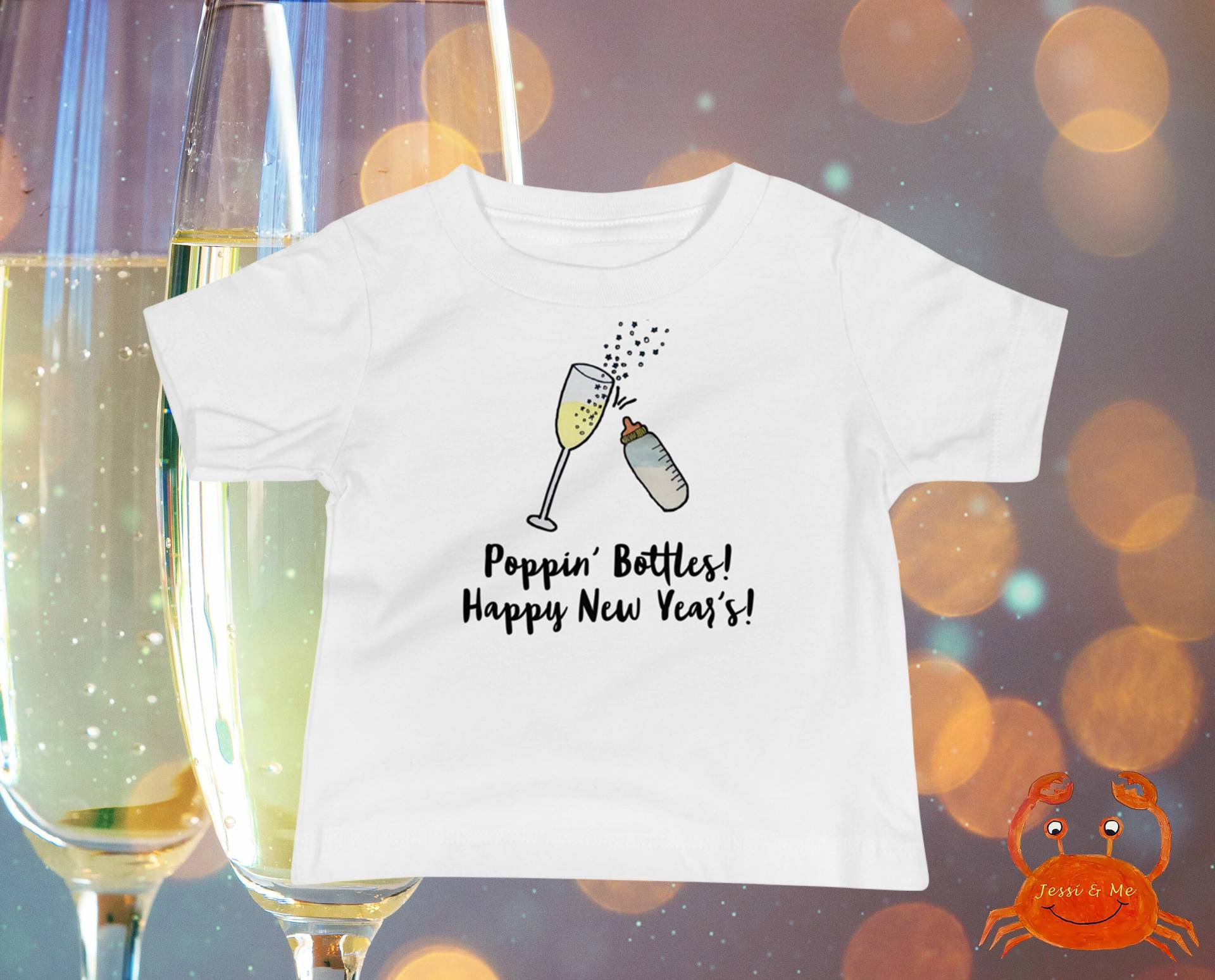 Baby Jersey Kurzärmeliges Neujahrs-T-Shirt, Süße Poppin' Flaschen Neujahr T-Shirt, Lustiges Happy New Year Es Design von JessiandMe