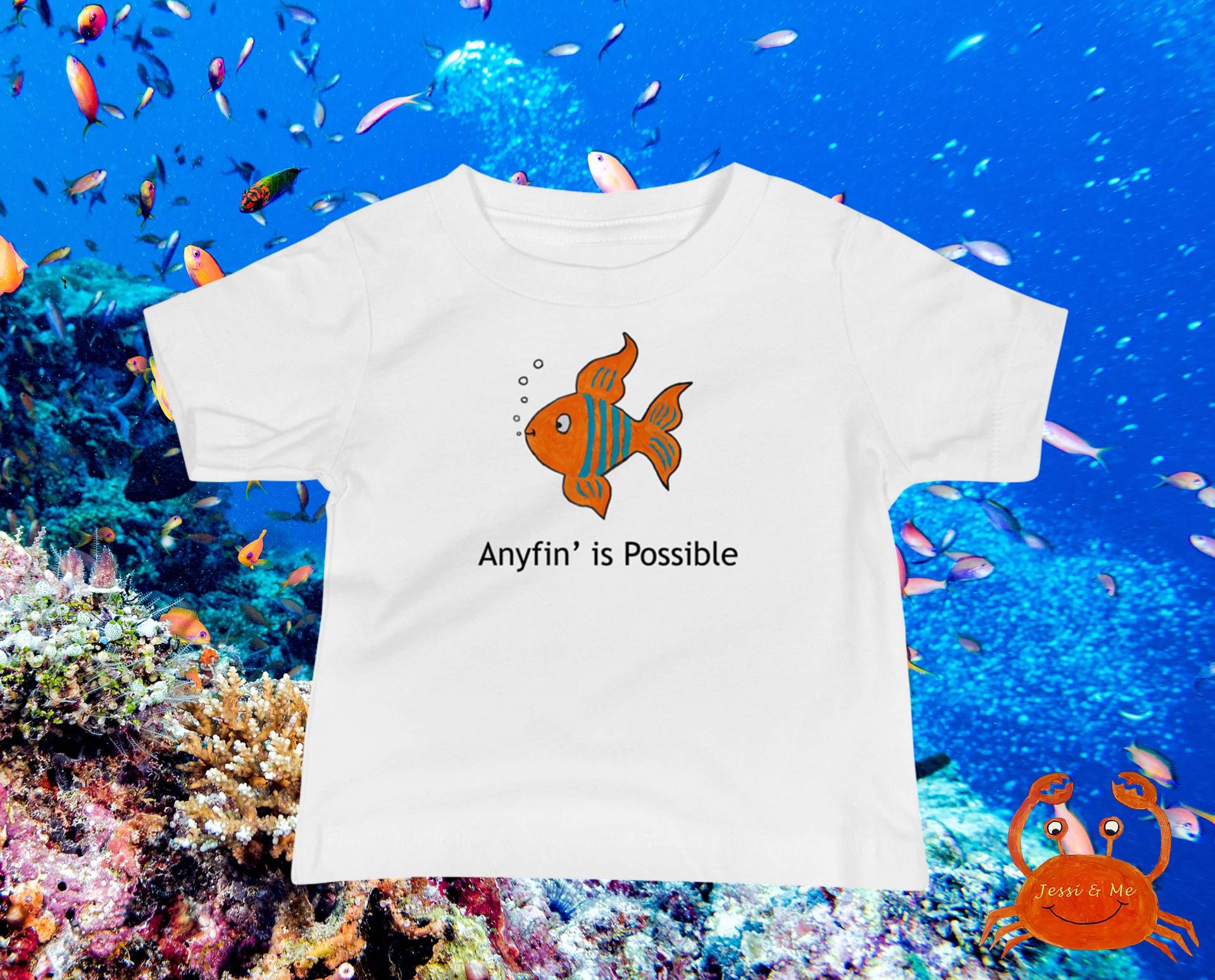 Baby Jersey Kurzärmeliges Orange Fisch T-Shirt, Süßes Fun Anyfin Ist Möglich T-Shirt von JessiandMe