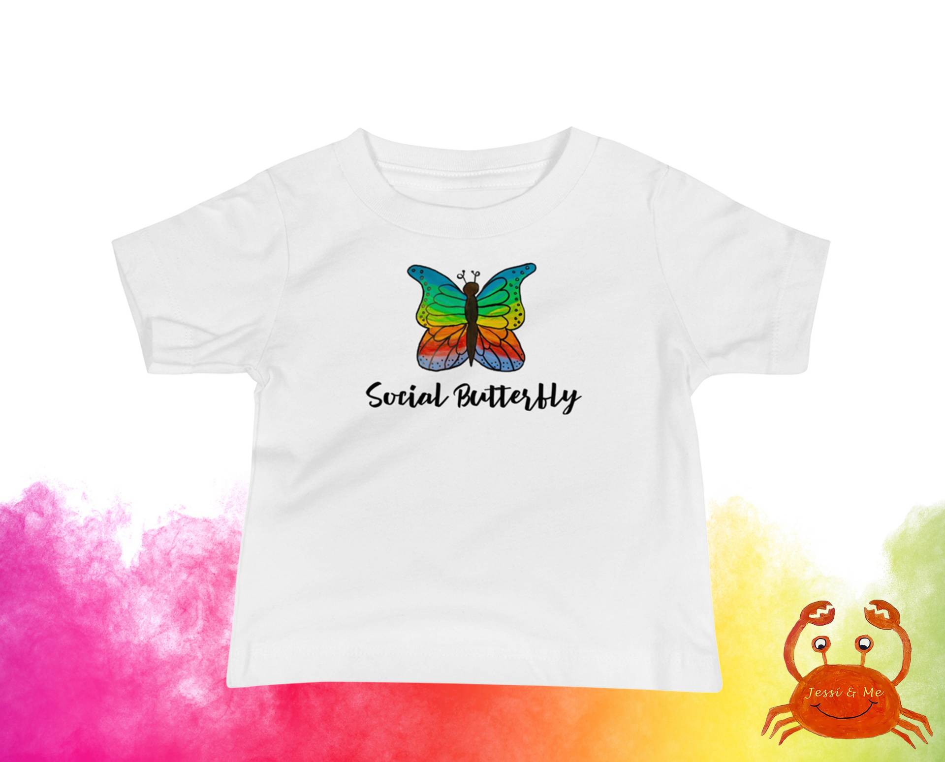 Baby Jersey Kurzärmeliges Schmetterling T-Shirt, Süßes Regenbogen Fun Social Butterfly T-Shirt von JessiandMe