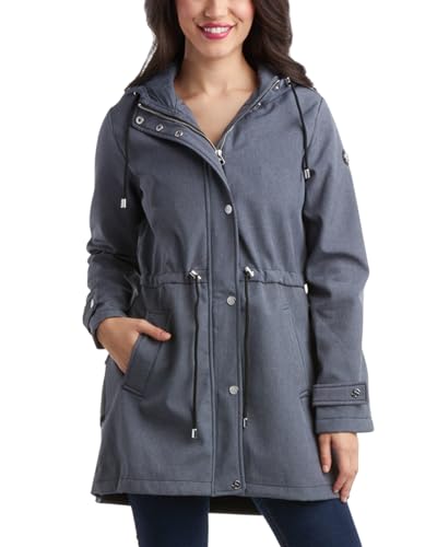 Jessica Simpson Damen Jacke Wasserdicht Softshell Regenmantel Rüschen Rücken Lange Kapuze Regenjacke für Damen S-XL, Dunkelgrau meliert, M von Jessica Simpson
