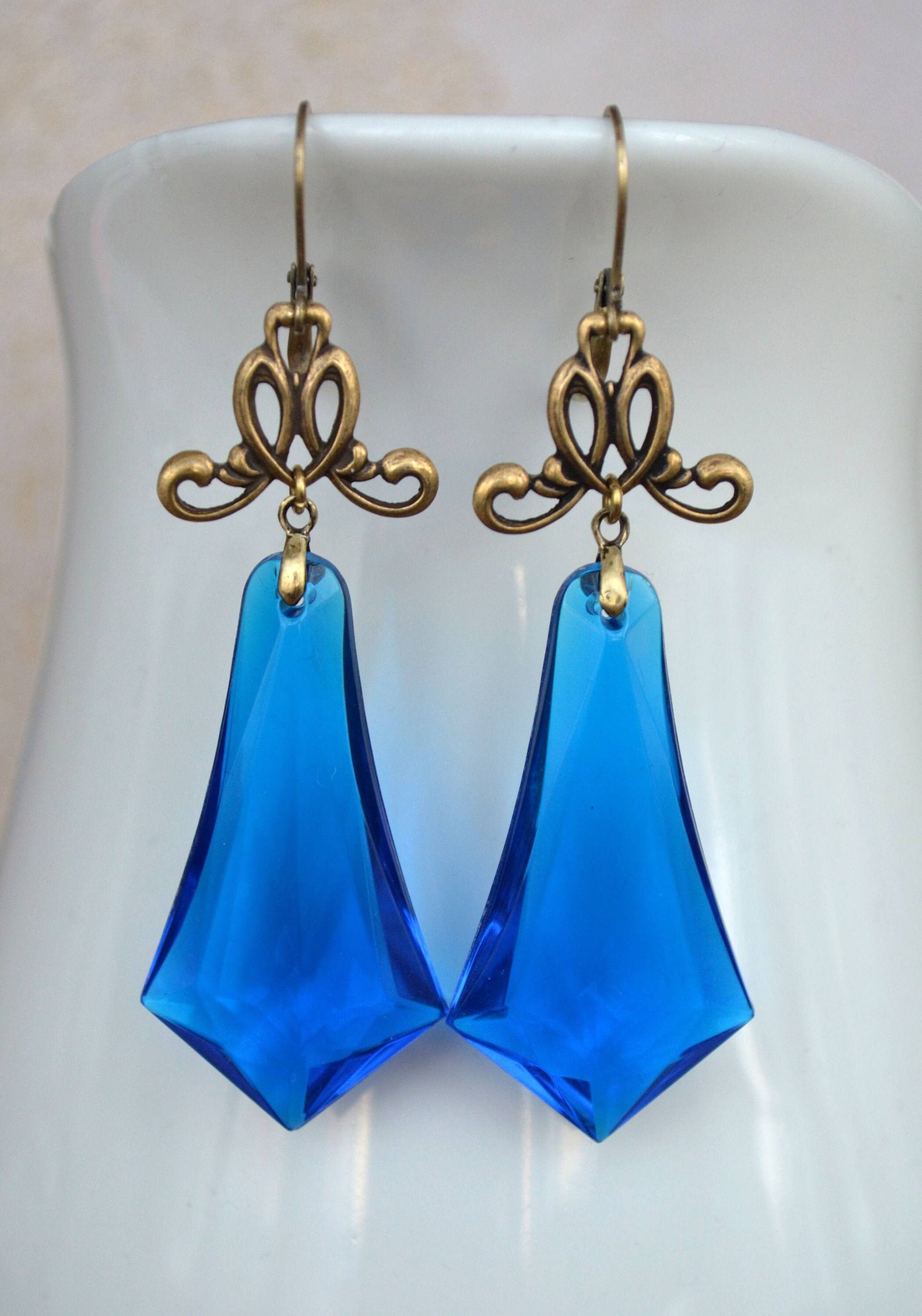 Art Deco, Jugendstil Große Vintage Saphir Blau Lucite Tropfen Ohrringe von JessicaAscoughDesign