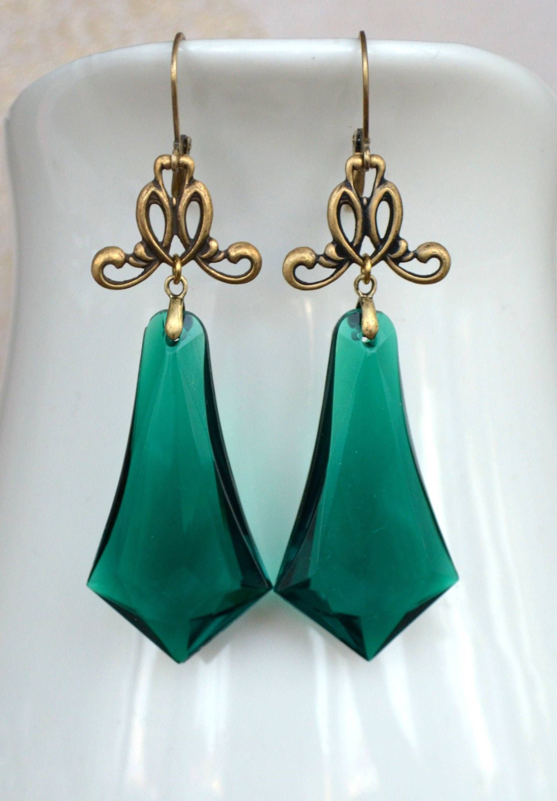 Art Deco, Jugendstil Große Vintage Smaragd Grün Lucite Tropfen Ohrringe von JessicaAscoughDesign