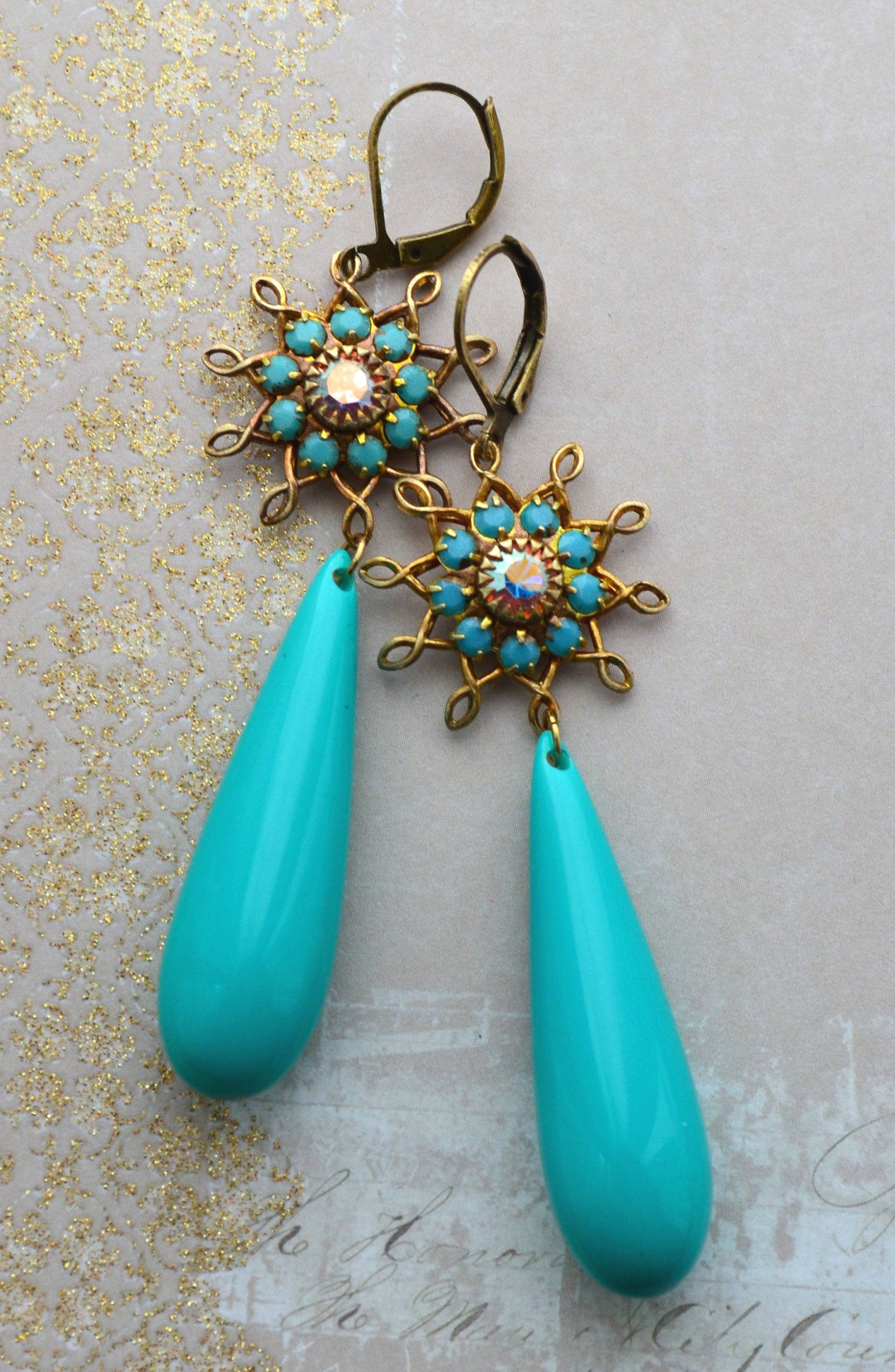 Art Deco Jugendstil Vintage Türkis Lucite Tropfen Opal & Ab Kristall Filigrane Stern Ohrringe von JessicaAscoughDesign