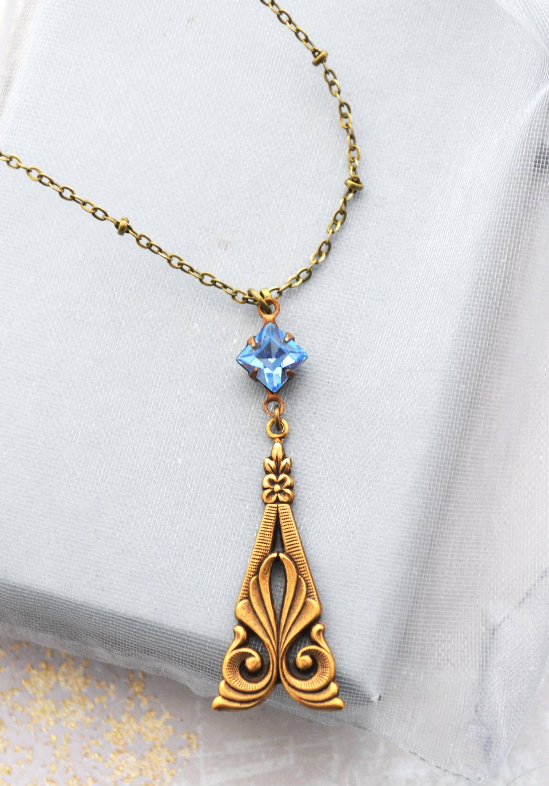 Jugendstil Antik Messing Saphir Blau Set Glasstein Halskette von JessicaAscoughDesign
