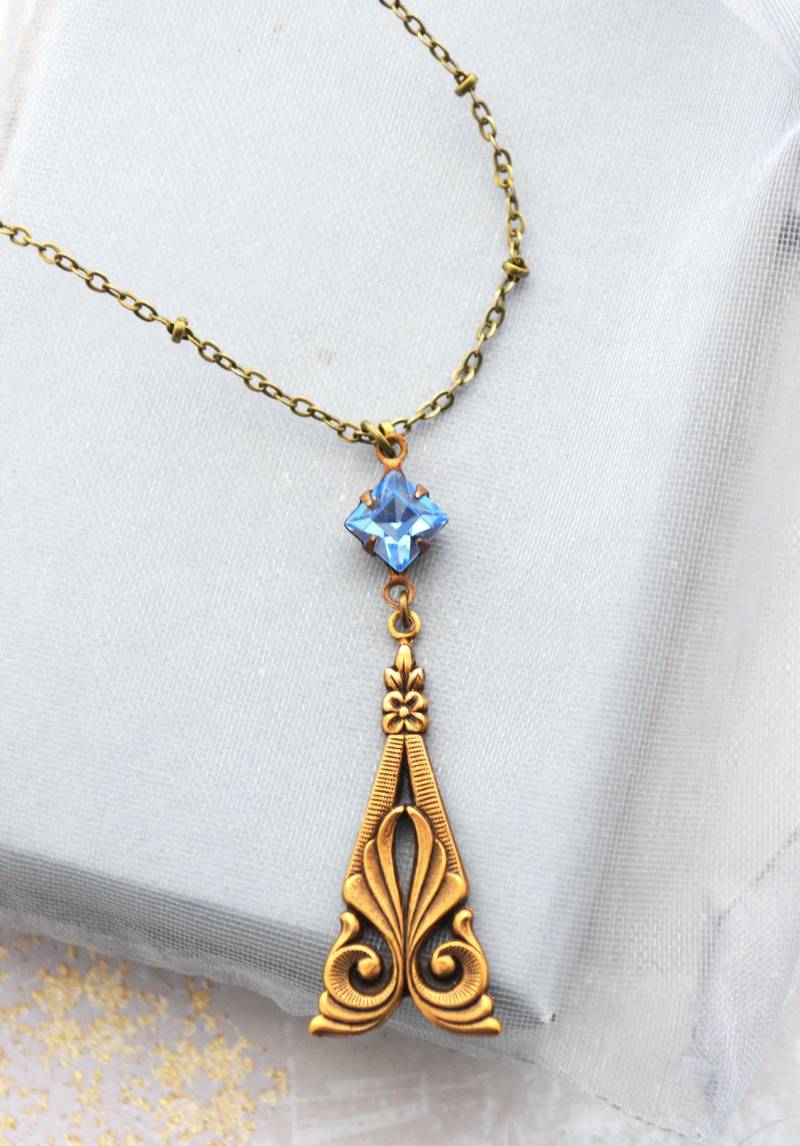 Jugendstil Antik Messing Saphir Blau Set Glasstein Halskette von JessicaAscoughDesign