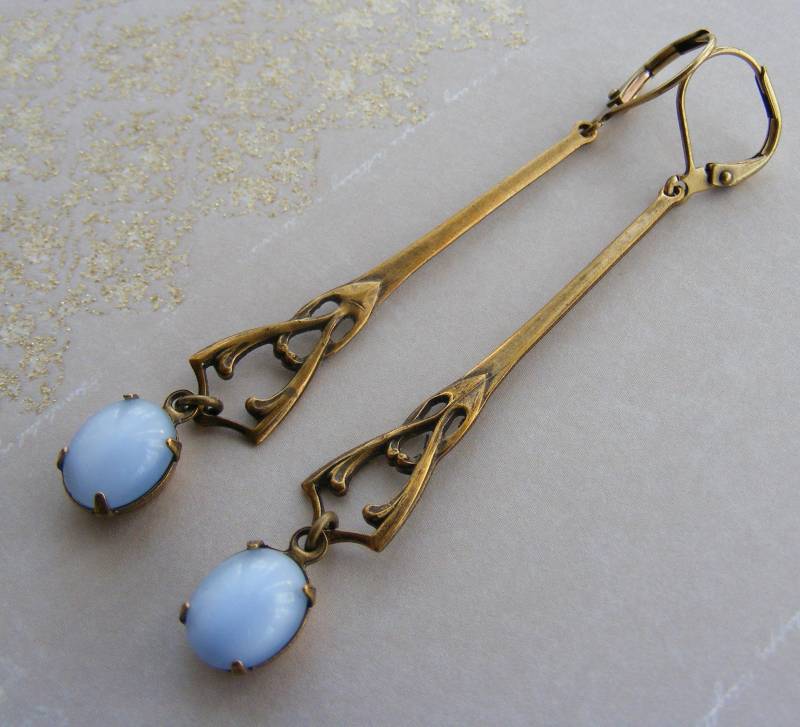 Jugendstil Stil Lange Elegante Oxidierte Messing Vintage Hellblaue Glastropfen Ohrringe Jugendstil Stil Lange Elegante Oxidierte Messing Vintage Hellblaue Glastropfen Ohrringe von JessicaAscoughDesign