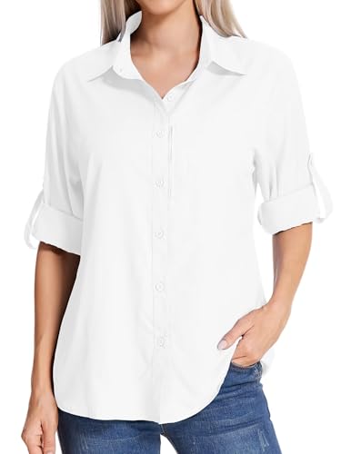 Jessie Kidden Damen Wanderhemd Langarm Angeln Cargo Shirt UPF 50+ für Safari Camping Reisen Schnell trocknend, 1 #Weiß, Large von Jessie Kidden