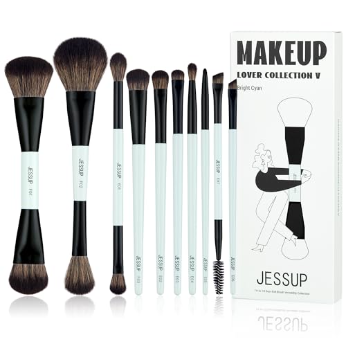 Jessup Pinselset Make Up Pinsel Set, 10tlgs Makeup Pinsel, 14-in-10 Duo-End Pinsel Vielseitigkeitskollektion, Foundation Puder Lidschatten Kontur Eyeliner Highlighter Rouge Pinsel, helles Zyan T500 von Jessup