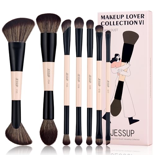 Jessup Pinselset Make Up Pinsel Set 14-in-7 doppelseitig Makeup Pinsel Foundation Concealer Rouge Lidschatten Kontur Bronzer Puder Verblenden Augenbrauen Eyeliner tierversuchsfrei Pfirsichstaub T600 von Jessup