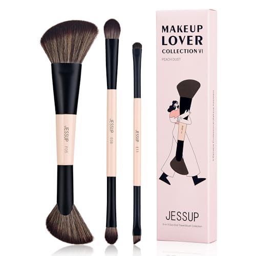 Jessup Pinselset Make Up Reise Makeup Pinsel Set 6-in-3 Doppelseitiger Konturpinsel Lidschattenpinsel mit zwei Enden Shader Eyeliner Pinsel multifunktional Pfirsichstaub T507 von Jessup