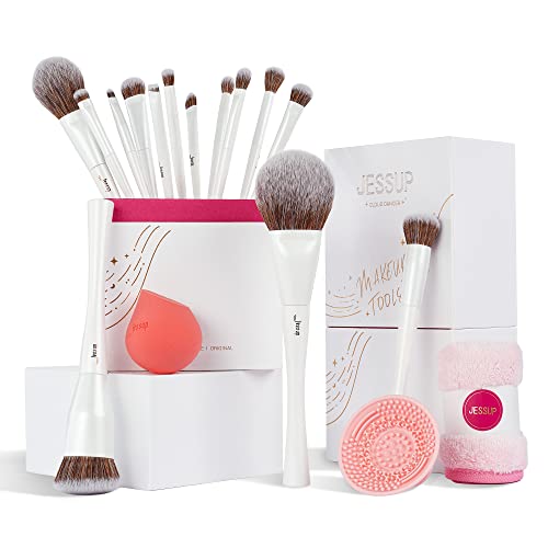 Jessup Pinselset Makeup Pinsel Set 14 Stk Make Up Pinsel Set Kosmetikpinsel Schminkpinsel Set hochwertiges Makeup Geschenkset für Frauen Makeup Schwamm Pinselreiniger Handtuch Perlweiß T333 von Jessup