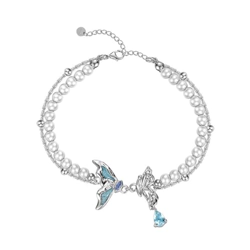 Jesuky Armband Silber, Armband Damen 925 Doppelt Perlenemaillierter Schmetterling Freundin Armband Blau Zirkonia Silberne Armbänder Silber Blau Für Damen Geschenke Geburtstag Valentinstag Geschenck von Jesuky