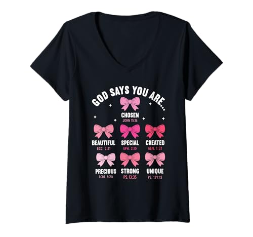 Damen Kokette Schleife Bibelvers Christian Jesus Christus Mädchen Frauen T-Shirt mit V-Ausschnitt Damen Kokette Schleife Bibelvers Christian Jesus Christus Mädchen Frauen T-Shirt mit V-Ausschnitt von Jesus Bible Coquette Religion Prayer Bow Youth