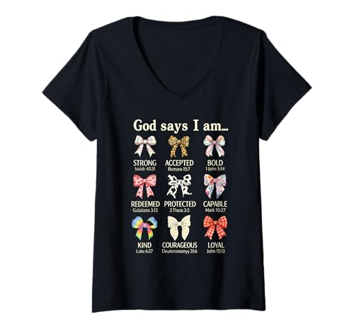 Damen Kokette Schleife Bibelvers Christian Jesus Christus Mädchen Frauen T-Shirt mit V-Ausschnitt Damen Kokette Schleife Bibelvers Christian Jesus Christus Mädchen Frauen T-Shirt mit V-Ausschnitt von Jesus Bible Coquette Religion Prayer Bow Youth