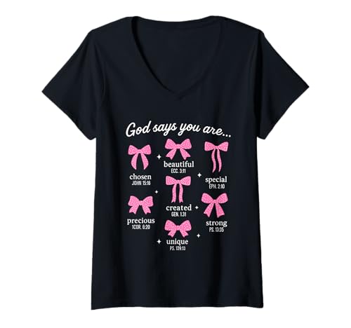 Damen Kokette Schleife Bibelvers Christian Jesus Christus Mädchen Frauen T-Shirt mit V-Ausschnitt Damen Kokette Schleife Bibelvers Christian Jesus Christus Mädchen Frauen T-Shirt mit V-Ausschnitt von Jesus Bible Coquette Religion Prayer Bow Youth