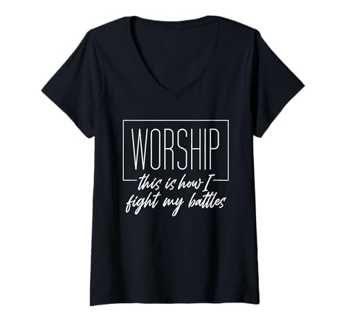 Damen Anbetung So kämpfe ich mit meinen Schlachten Christian T-Shirt mit V-Ausschnitt Damen Anbetung So kämpfe ich mit meinen Schlachten Christian T-Shirt mit V-Ausschnitt von Jesus Bible Verse Faith Surrounded