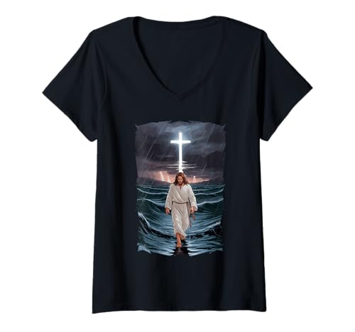 Damen Messiah Wassersturm Heiliger Gott T-Shirt mit V-Ausschnitt Damen Messiah Wassersturm Heiliger Gott T-Shirt mit V-Ausschnitt von Jesus Christ Savior Holy Walk Heaven