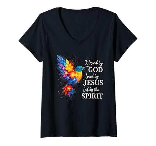 Damen Gesegnet Von Gott Geliebt Von Jesus Floraler Kolibri T-Shirt mit V-Ausschnitt von Jesus Christlicher Religiöser Spruch