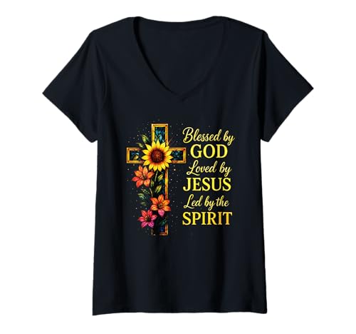 Damen Gesegnet Von Gott Geliebt Von Jesus Glas Kreuz T-Shirt mit V-Ausschnitt von Jesus Christlicher Religiöser Spruch