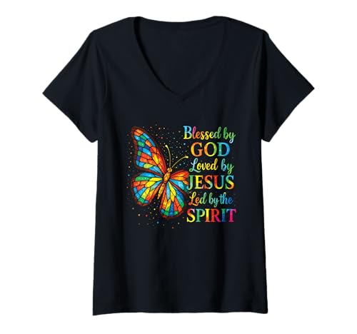 Damen Gesegnet Von Gott Geliebt Von Jesus Glas Schmetterling T-Shirt mit V-Ausschnitt von Jesus Christlicher Religiöser Spruch