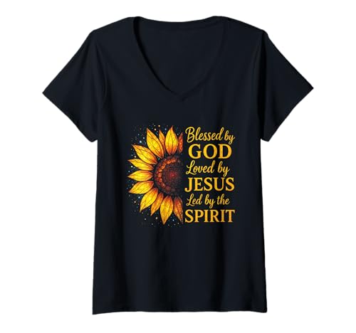 Damen Gesegnet Von Gott Geliebt Von Jesus Glas Sonnenblume T-Shirt mit V-Ausschnitt von Jesus Christlicher Religiöser Spruch