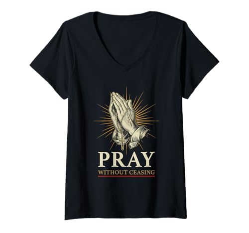 Damen Betende Hände Rosenkranz Jesus Kreuz Glaube Religion T-Shirt mit V-Ausschnitt von Jesus Christus Glauben Gebet Hingabe Anbetung
