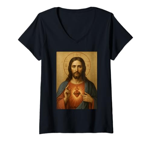 Damen Ikone Jesu Christi - katholisches heiliges Herz Jesu T-Shirt mit V-Ausschnitt Damen Ikone Jesu Christi - katholisches heiliges Herz Jesu T-Shirt mit V-Ausschnitt von Jesus Christus Ikone und Co.