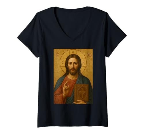 Damen Jesus Christus die Lehrer Ikone - orthodoxer Katholik T-Shirt mit V-Ausschnitt Damen Jesus Christus die Lehrer Ikone - orthodoxer Katholik T-Shirt mit V-Ausschnitt von Jesus Christus Ikone und Co.
