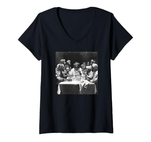 Damen Schwarzer Jesus, letzte Abendmahl, Jesus T-Shirt mit V-Ausschnitt Damen Schwarzer Jesus, letzte Abendmahl, Jesus T-Shirt mit V-Ausschnitt von Jesus Christus