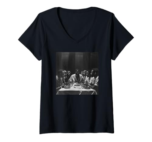 Damen Schwarzer Jesus, letzte Abendmahl, Jesus T-Shirt mit V-Ausschnitt Damen Schwarzer Jesus, letzte Abendmahl, Jesus T-Shirt mit V-Ausschnitt von Jesus Christus