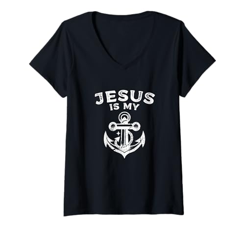 Damen Jesus is My Anchor, christlicher Glaube inspiriert T-Shirt mit V-Ausschnitt Damen Jesus is My Anchor, christlicher Glaube inspiriert T-Shirt mit V-Ausschnitt von Jesus Clothing and Apparel for Cruise Sailors