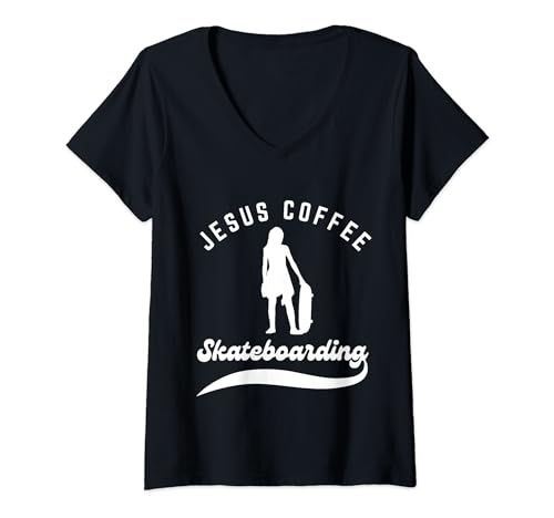 Damen Mädchen Jesus Kaffee und Skateboarding Frauen Skateboarding T-Shirt mit V-Ausschnitt von Jesus Coffee and Skateboarding