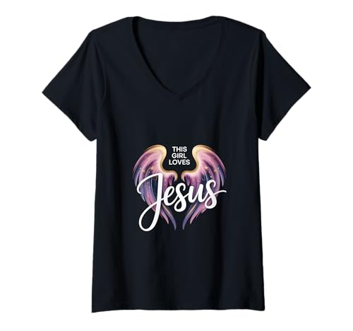 Damen Dieses Mädchen liebt Jesus Christliches Mädchen Jesus T-Shirt mit V-Ausschnitt von Jesus Designs for Girls Who Love Christ