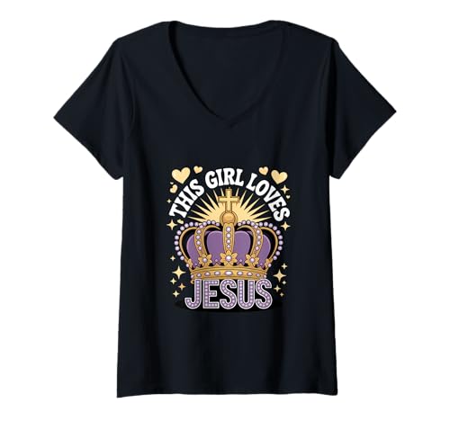 Damen Dieses Mädchen liebt Jesus Christliches Mädchen Jesus T-Shirt mit V-Ausschnitt von Jesus Designs for Girls Who Love Christ