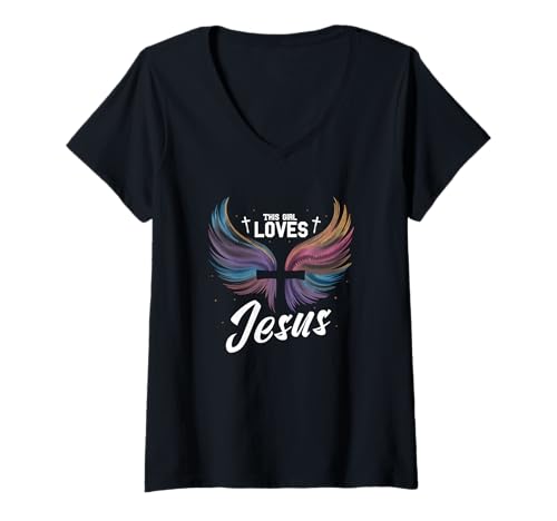 Damen Dieses Mädchen liebt Jesus Christliches Mädchen Jesus T-Shirt mit V-Ausschnitt von Jesus Designs for Girls Who Love Christ