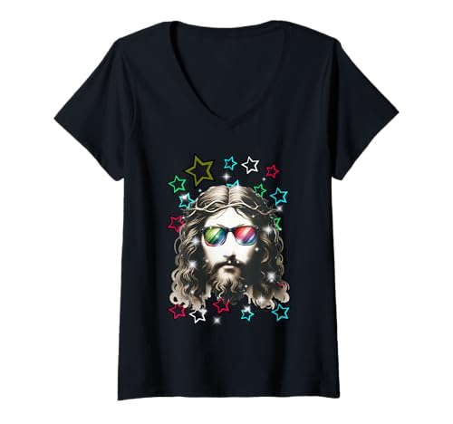 Damen Retro 60er Jesus Vintage 80er Sterne spirituell T-Shirt mit V-Ausschnitt Damen Retro 60er Jesus Vintage 80er Sterne spirituell T-Shirt mit V-Ausschnitt von Jesus Frauen Männer