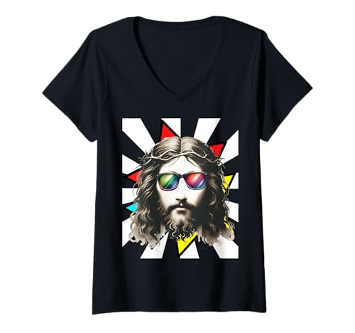 Damen Retro spirituell Vintage Jesus 60er 80er Sonnenbrille Sterne T-Shirt mit V-Ausschnitt Damen Retro spirituell Vintage Jesus 60er 80er Sonnenbrille Sterne T-Shirt mit V-Ausschnitt von Jesus Frauen Männer