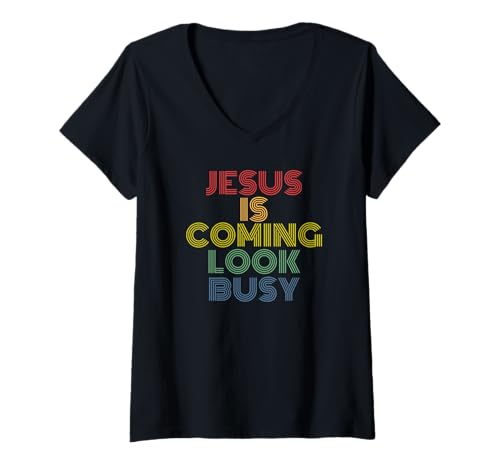 Damen Jesus Is Coming Look Busy Retro 70er Jahre Vintage T-Shirt mit V-Ausschnitt Damen Jesus Is Coming Look Busy Retro 70er Jahre Vintage T-Shirt mit V-Ausschnitt von Jesus Is Coming Look Busy Tees