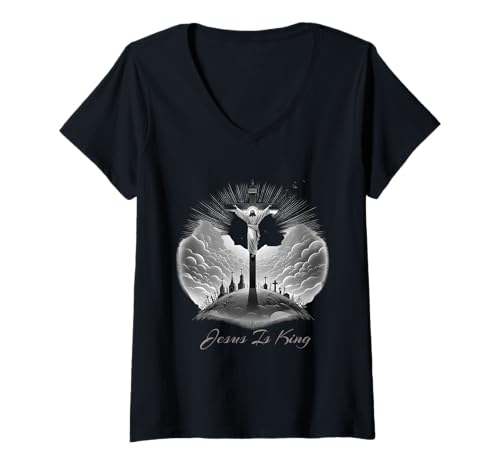 Damen Jesus is King Crucifix Christian Graphic T-Shirt T-Shirt mit V-Ausschnitt Damen Jesus is King Crucifix Christian Graphic T-Shirt T-Shirt mit V-Ausschnitt von Jesus Is King Crucifix Christian Graphic