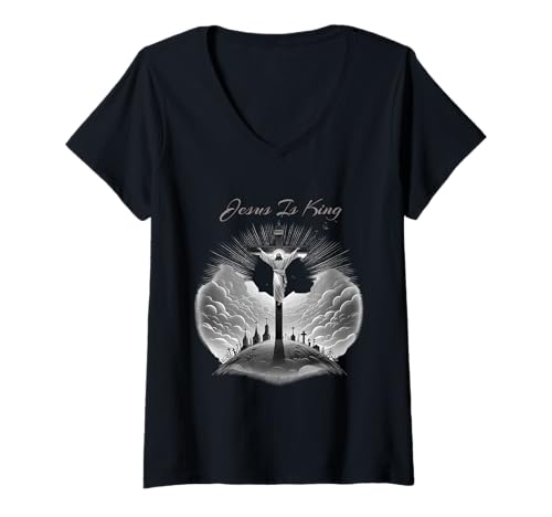 Damen Jesus is King Crucifix Christian Graphic T-Shirt T-Shirt mit V-Ausschnitt Damen Jesus is King Crucifix Christian Graphic T-Shirt T-Shirt mit V-Ausschnitt von Jesus Is King Crucifix Christian Graphic