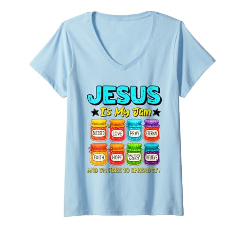 Damen Jesus Is My Jam and I'm Here To Spread It Christian Faith T-Shirt mit V-Ausschnitt Damen Jesus Is My Jam and I'm Here To Spread It Christian Faith T-Shirt mit V-Ausschnitt von Jesus Is My Jam Christian Bible Verse Tee