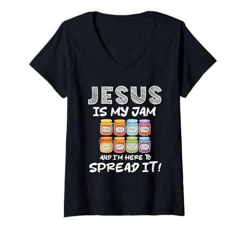 Damen Jesus Is My Jam and I'm Here To Spread It Christian Faith T-Shirt mit V-Ausschnitt Damen Jesus Is My Jam and I'm Here To Spread It Christian Faith T-Shirt mit V-Ausschnitt von Jesus Is My Jam Christian Bible Verse Tee