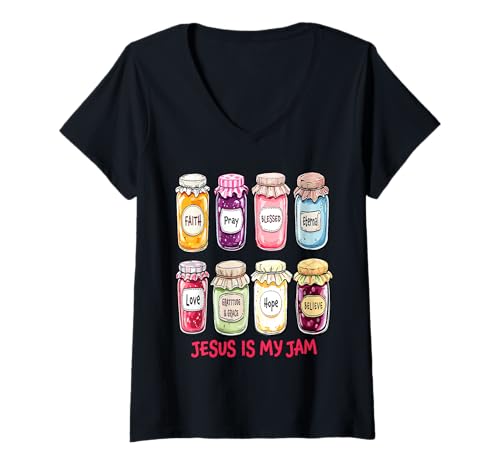 Damen Jesus ist Meine Marmelade und ich Bin Hier, um sie christlich zu verbreiten T-Shirt mit V-Ausschnitt Damen Jesus ist Meine Marmelade und ich Bin Hier, um sie christlich zu verbreiten T-Shirt mit V-Ausschnitt von Jesus Is My Jam Christian Religious Apparel