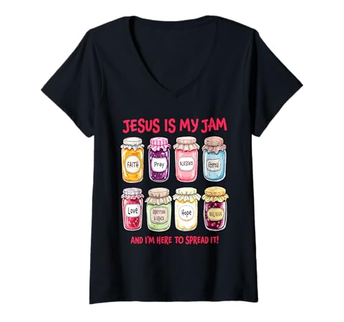 Damen Jesus ist Meine Marmelade und ich Bin Hier, um sie christlich zu verbreiten T-Shirt mit V-Ausschnitt Damen Jesus ist Meine Marmelade und ich Bin Hier, um sie christlich zu verbreiten T-Shirt mit V-Ausschnitt von Jesus Is My Jam Christian Religious Apparel