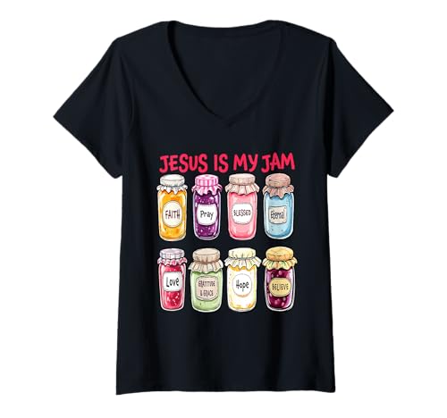 Damen Jesus ist Meine Marmelade und ich Bin Hier, um sie christlich zu verbreiten T-Shirt mit V-Ausschnitt Damen Jesus ist Meine Marmelade und ich Bin Hier, um sie christlich zu verbreiten T-Shirt mit V-Ausschnitt von Jesus Is My Jam Christian Religious Apparel